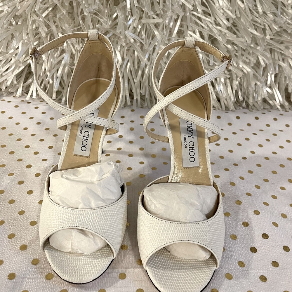 Jimmy Choo White Emsy Printed Lizard Latte colored Heels - 85mm